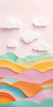 Layered pastel hills rise to meet soft, white clouds in a whimsical paper art landscape, dreamy, colorful