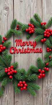 Merry Christmas sentiment on rustic wooden background surrounded by evergreen branches and berries, Seasonal, Sentiment