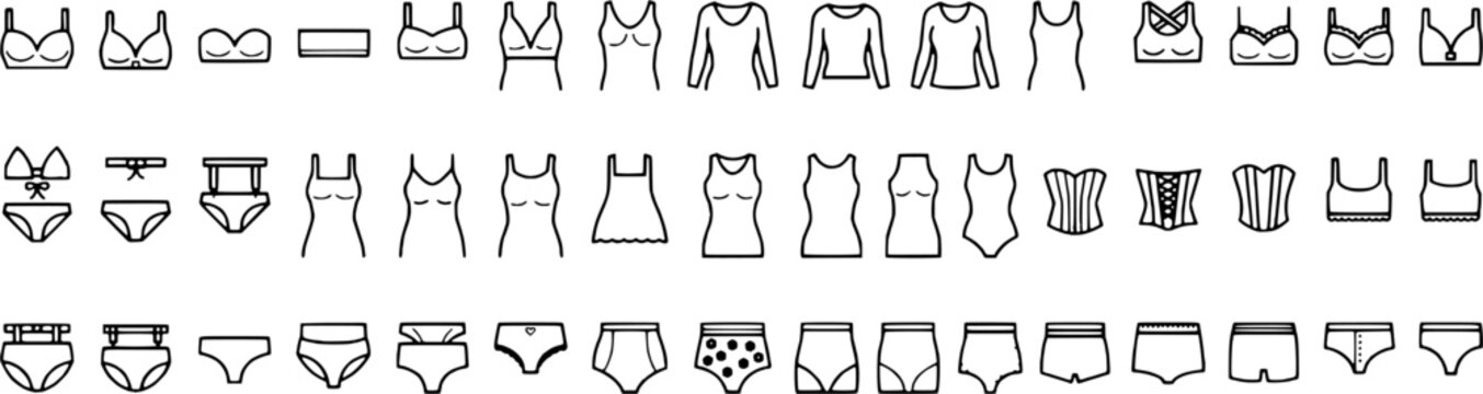 Collection of various underwear and lingerie items for women in simple line art style on transparent background  assortment of bras and bodysuits
