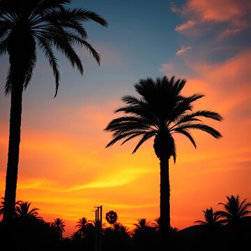 Palm tree silhouette against vibrant orange sunset sky, sunset, ocean view