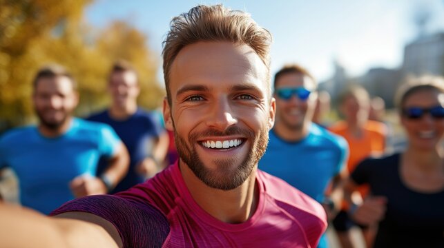 Happy group of runners taking a selfie during outdoor training. Marathon preparation, running club, fitness, healthy lifestyle and endurance sports concept