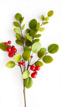 Stemmed arrangement featuring rounded leaves and berries in a simple composition, plant stems, foliage