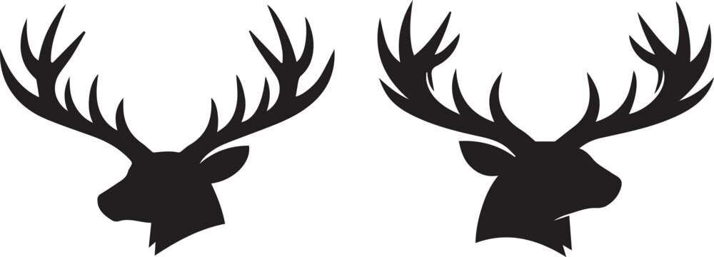 Black silhouette of two deer heads with large antlers facing opposite directions Vector