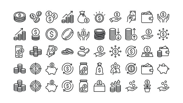Modern financial money banking and payment icons collection with currency symbols and economy concepts vector set for web and app design