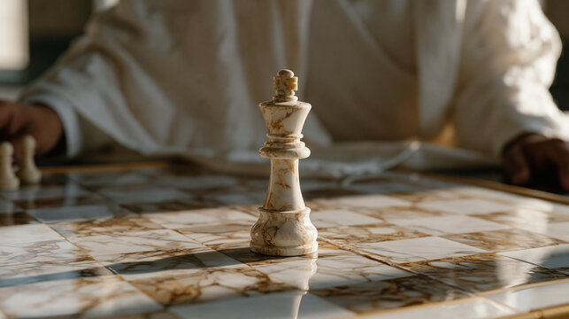 Iranian male chess grandmaster positioning a lone king piece at the center of an empty marble board under warm studio light, strategic isolation and planning metaphor for