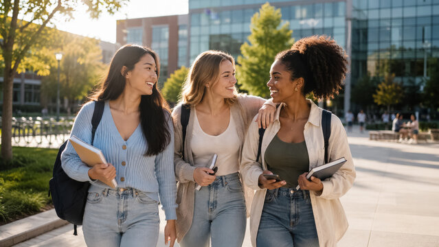Diverse university students walking together on modern campus during back to school