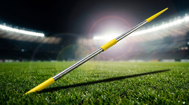 Sharp metallic javelin with yellow grip resting on green grass under bright stadium floodlight illumination