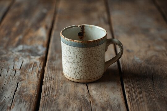 Vintage ceramic mug with crackle glaze on rustic wooden table, cozy, moody background
