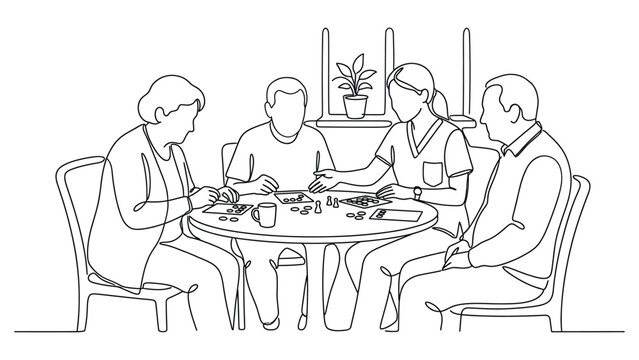 Continuous line drawing of a caregiver assisting elderly people with a game