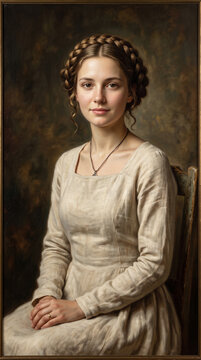 Classical Oil Portrait of Young Woman with Braided Hair in Old Master Style