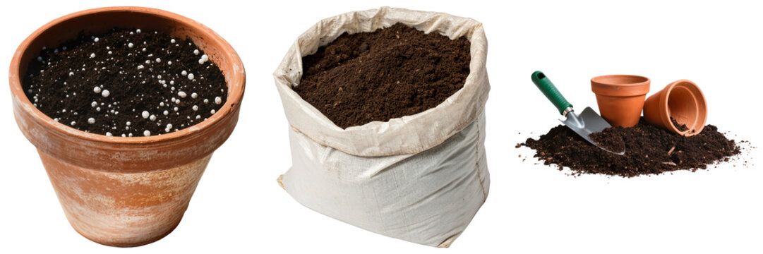 Gardening supplies: a terracotta pot filled with soil, a bag of soil, and a trowel with pots and soil