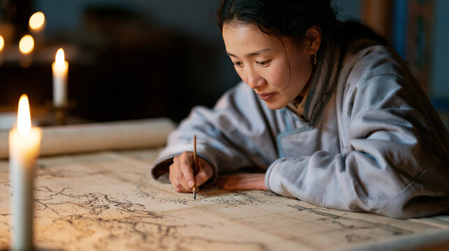 World map data points hand-annotated on yellowed canvas rolled open in Mongolian cartography archive room, researcher tracing nomadic migration corridors by candlelight, cultural