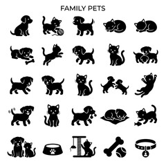 Fototapeta premium Cute dog and cat pet animal silhouettes collection