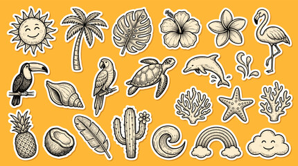Fototapeta premium A vibrant illustration of various tropical icons including a smiling sun, palm trees, hibiscus flowers, flamingos, turtles, and other beach and wildlife elements on an orange background.