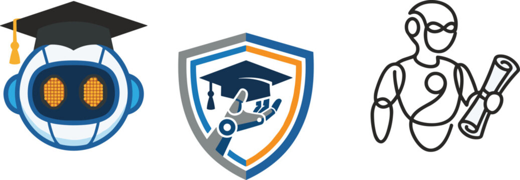Artificial intelligence education and automation logo collection featuring AI robot graduation cybersecurity badge and humanoid assistant vector icons