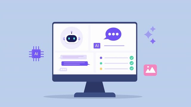 Animated flat vector dashboard featuring an AI assistant, messaging interface, analytics panel, and media icons. Modern technology animation for communication, automation, and digital workflow.