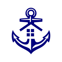 Naklejka premium Logo Nautical. Símbolo de embarcadero. Dibujo sencillo de un ancla de barco con el tejado y ventanas de una construcción 