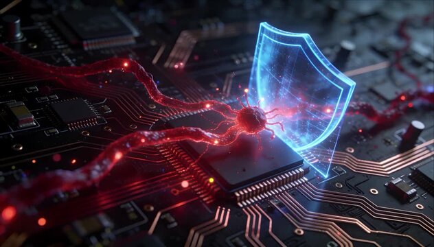 Cybersecurity awareness digital shield protection concept glowing microchip defense from virus malware attack futuristic circuit board secure network security visualization data protection digital