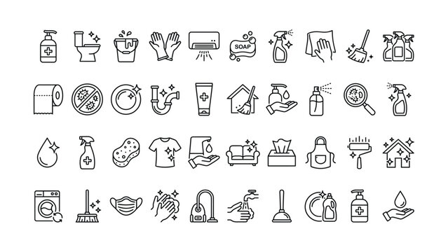 Comprehensive hygiene cleaning and sanitization line icon set for household health and domestic service vector graphics