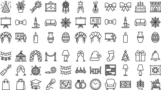 Event celebration and party line icons set vector illustration featuring holidays birthdays weddings graduation and interior decorations