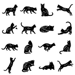 Obraz premium Black cat silhouettes in various poses vector illustration