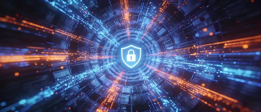 Cybersecurity awareness digital shield lock data protection glowing tunnel network security technology background abstract firewall encryption concept risk control vigilance focus secure connection
