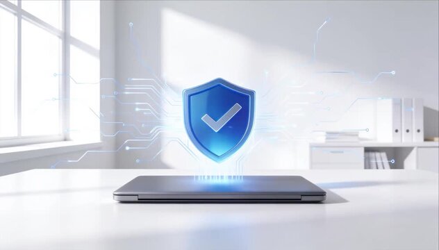 Cybersecurity awareness shield checkmark secure protection security laptop computer device concept digital network data privacy modern office bright light minimal design 3d illustration confident