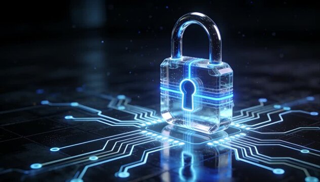 Cybersecurity awareness concept digital padlock glowing circuit board data protection and network security protection privacy encryption blue neon lock keyhole defense futuristic cyber glow background
