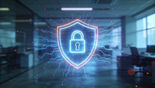 Cybersecurity awareness digital shield padlock lock data protection network security glowing icon secure office workspace privacy technology background for online safety protection and privacy data