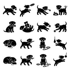Naklejka premium Puppy dog activities silhouette icons set playful pets