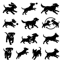 Obraz premium Playful dog silhouettes set running jumping playing with ball and pupp