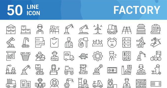 Factory thin line icons set featuring industrial warehouse storage manufacturing robotics forklift cargo truck and workers vector