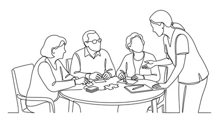 Fototapeta premium Continuous line drawing of a caregiver assisting seniors with a puzzle