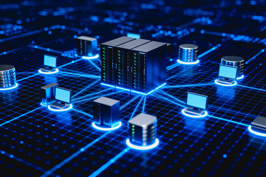 A visual model of interconnected servers, computing devices, and databases forming a digital network infrastructure for data management and processing.