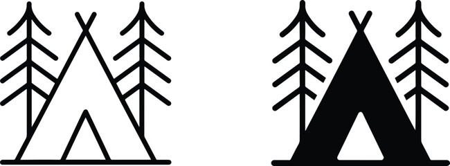 Modern Minimalist Outdoor Adventure Collection, Flat Forest Camp Clip Art Stamps, Camping Tent Vector Icon Set, Teepee and Pine Tree Wilderness Silhouette. © naeem