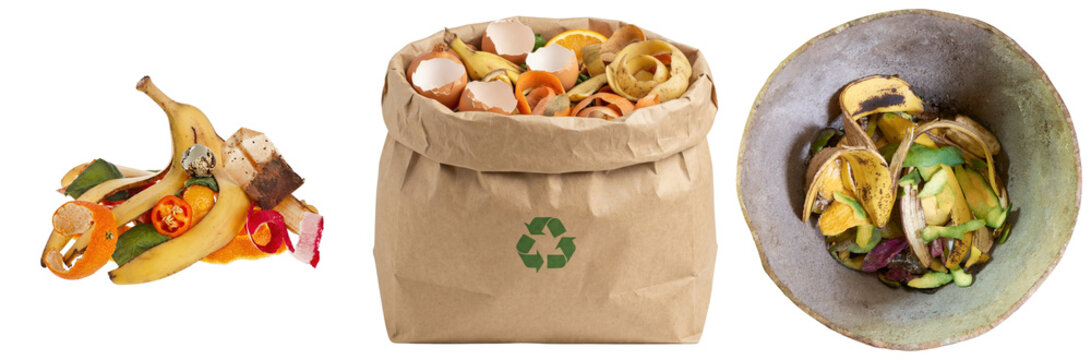 Collection of food scraps including banana peels, eggshells, and vegetable peels, with a paper bag featuring a recycling symbol and a bowl of compostable waste.