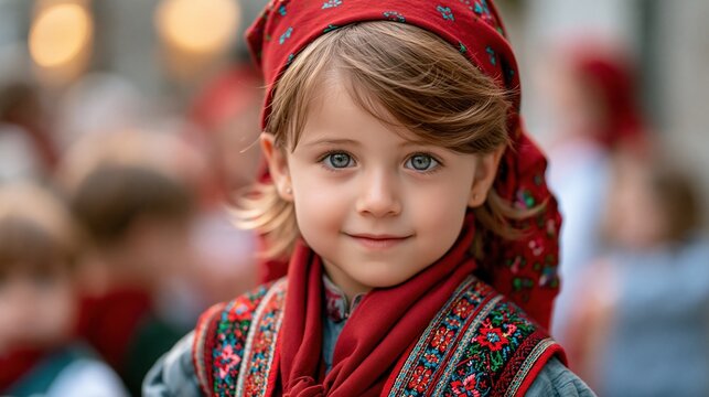 Cheerful child dressed in a miniature traditional Galician costume, tiny embroidered vest and red kerchief, bright curious eyes, candid genuine smile, festive crowd blurred in background