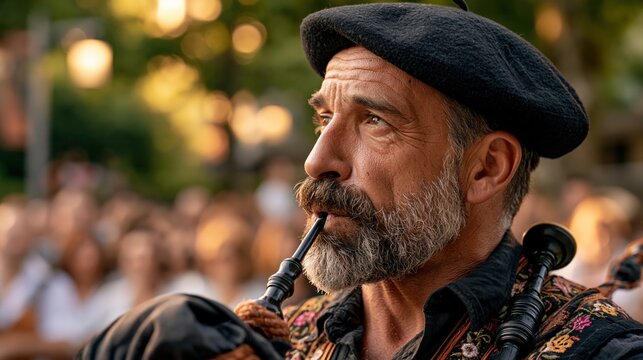 Galician bagpiper (gaiteiro) mid-performance, cheeks puffed blowing into the gaita, traditional black beret and embroidered vest, intense focused expression, blurred festive crowd in background