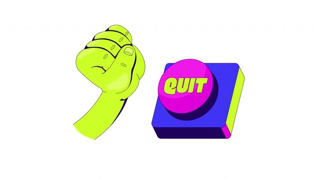 Rage quit button gaming reaction 2D animation. Esports player frustration. Leaving match. Fist slamming down exit. Internet culture. Flat cartoon animated overlay. Streaming platform motion graphic