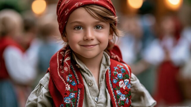 Cheerful child dressed in a miniature traditional Galician costume, tiny embroidered vest and red kerchief, bright curious eyes, candid genuine smile, festive crowd blurred in background