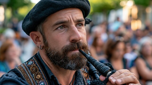 Galician bagpiper (gaiteiro) mid-performance, cheeks puffed blowing into the gaita, traditional black beret and embroidered vest, intense focused expression, blurred festive crowd in background