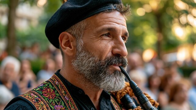 Galician bagpiper (gaiteiro) mid-performance, cheeks puffed blowing into the gaita, traditional black beret and embroidered vest, intense focused expression, blurred festive crowd in background