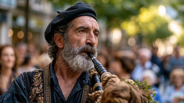 Galician bagpiper (gaiteiro) mid-performance, cheeks puffed blowing into the gaita, traditional black beret and embroidered vest, intense focused expression, blurred festive crowd in background