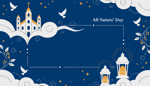 All Saints' Day, holiday background, blue illustration, religious celebration, festive design