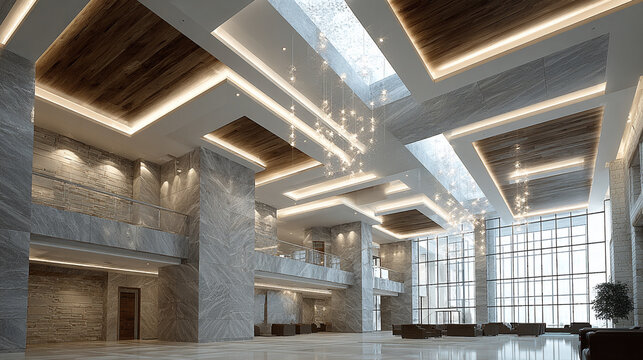 Modern layered false ceiling design in luxury interior with geometric lighting and elegant decor