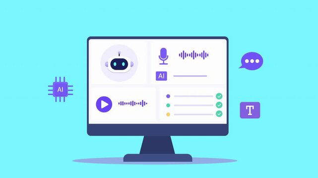 Animated flat vector dashboard featuring an AI assistant, audio waveform, microphone, chat, and translation icons. Modern technology interface for voice processing and digital communication.