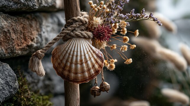 Macro still life photography, close-up of a scallop shell tied with weathered rope hanging on a wooden pilgrim staff, dried flowers and small bells attached, rustic stone wall background
