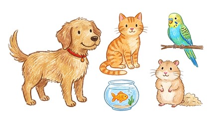Fototapeta premium A cute collection of domestic pets including a golden retriever, an orange tabby cat, a budgie bird, a hamster, and a goldfish in a bowl, all illustrated in a charming, watercolor style