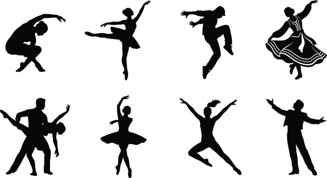 Collection of professional dancers performing various dance styles featuring black silhouettes on a white background
