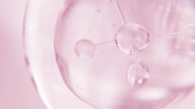 Cosmetics pink serum liquid bubble 3d abstract background. Cosmetic moisturizer essence gel. Collagen fluid bubble molecule. Moisturizing cream or oil for personal health care and beauty skin concept